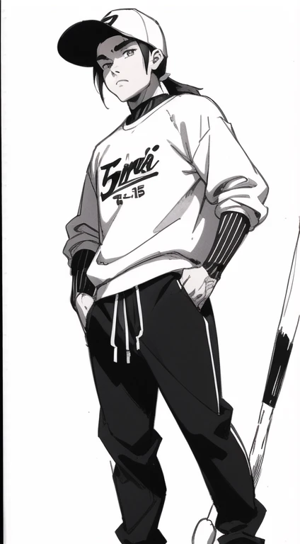 ((ink style, sketch, b&w)) Sweater. ((stroke)) (ink) (paint drops) ((sketch, drawing style, manga style)) 1 boy, young boy with a long mullet haircut, big lips, oval face, and slanted eyes (Baseball cap)), age, slim, baggy clothes.