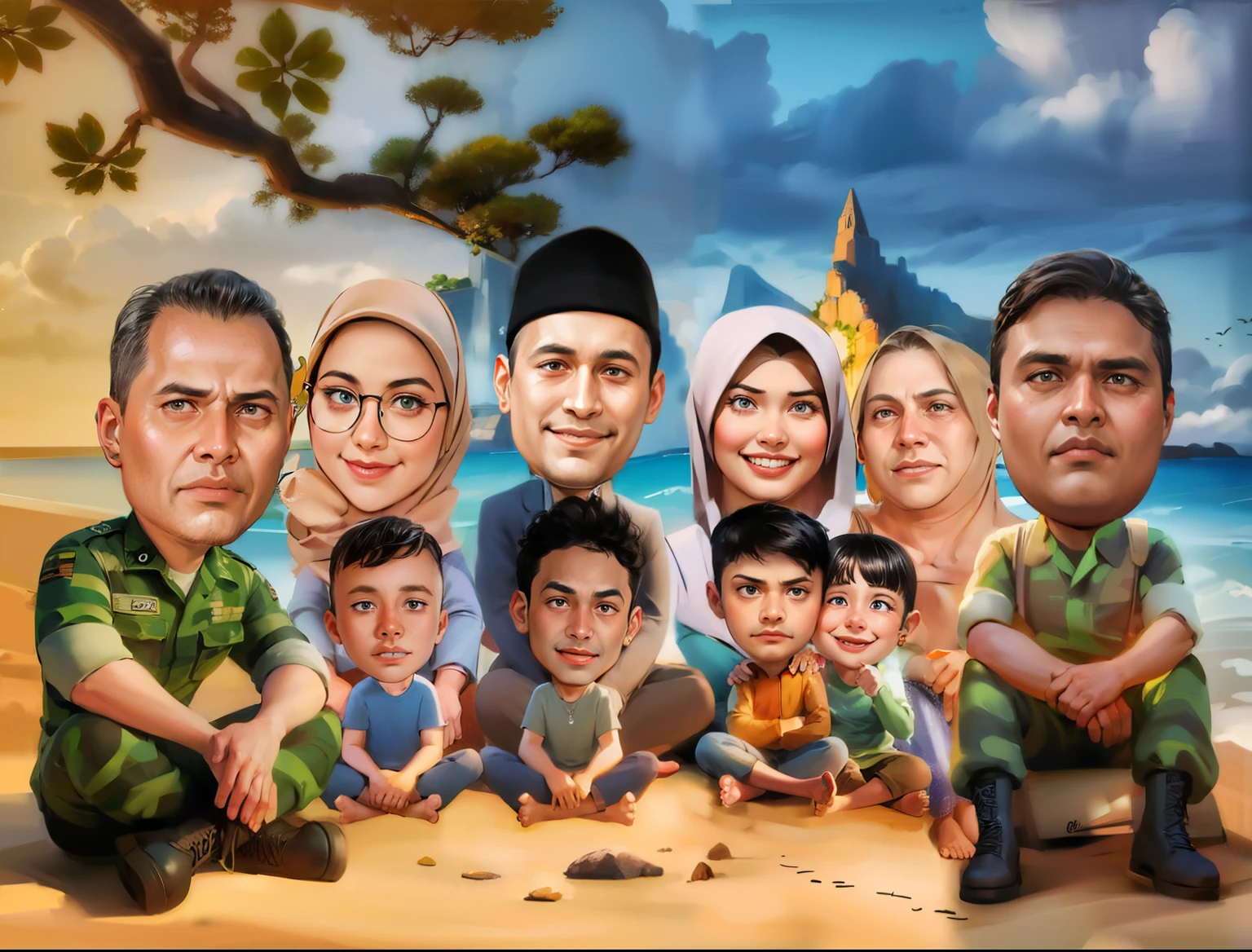 arafed family portrait of a man, woman, two children, a man, a woman, a boy, and a woman, an indonesian family portrait, cartoon digital painting, caricature illustration, in cartoon style, digital cartoon painting art, cartoon digital art, digital art cartoon, cartoon art, potrait, cartoon portrait, happy family, cartoon painting, caricature style