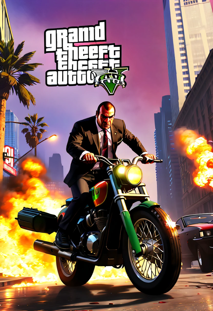 (Best quality at best,4K,8K,A high resolution,tmasterpiece:1.2),ultra - detailed,(actual,realisticlying,Photorealistic:1.37),GTA style showdown,explosive movement,high speed chase,Dystopian cityscape,Gang members,The helicopter circles,city on fire,dramatic lights,Street illuminated by neon lights,criminal mastermind,armed confrontation,Energetic graffiti,Motorcycle roars,Stylish getaway vehicle,Masked mercenary,heavy firearms,rush of excitement,Rain-soaked pavement,rotten building,Tires squeak,The sound of explosions filled the night,Suspenseful,nerve-wracking intensity,bullet time series,expensive sports car,rainbow colored smoke,Professional robbery planning,High-tech products,Illegal business,Underworld crime,dangerous mission,climactic ending,unpredictable twists and turns,Armageddontic chaos,Thrilling car stunts,emotional confrontation.(GTA 5 cover art, GTA STYLE: 1.5),