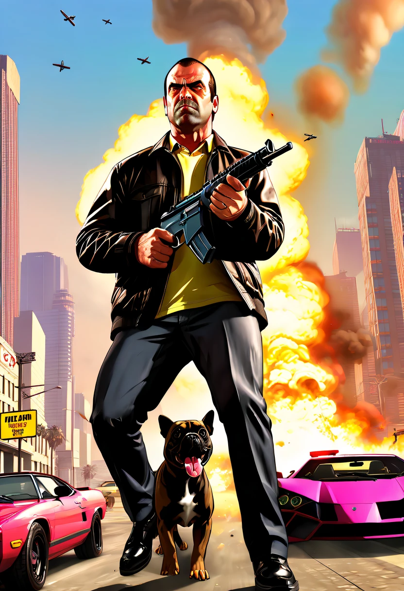 (Best quality at best,4K,8K,A high resolution,tmasterpiece:1.2),ultra - detailed,(actual,realisticlying,Photorealistic:1.37),GTA style showdown,explosive movement,high speed chase,Dystopian cityscape,Gang members,The helicopter circles,city on fire,dramatic lights,Street illuminated by neon lights,criminal mastermind,armed confrontation,Energetic graffiti,Motorcycle roars,Stylish getaway vehicle,Masked mercenary,heavy firearms,rush of excitement,Rain-soaked pavement,rotten building,Tires squeak,The sound of explosions filled the night,Suspenseful,nerve-wracking intensity,bullet time series,expensive sports car,rainbow colored smoke,Professional robbery planning,High-tech products,Illegal business,Underworld crime,dangerous mission,climactic ending,unpredictable twists and turns,Armageddontic chaos,Thrilling car stunts,emotional confrontation.(GTA 5 cover art, GTA STYLE: 1.5),