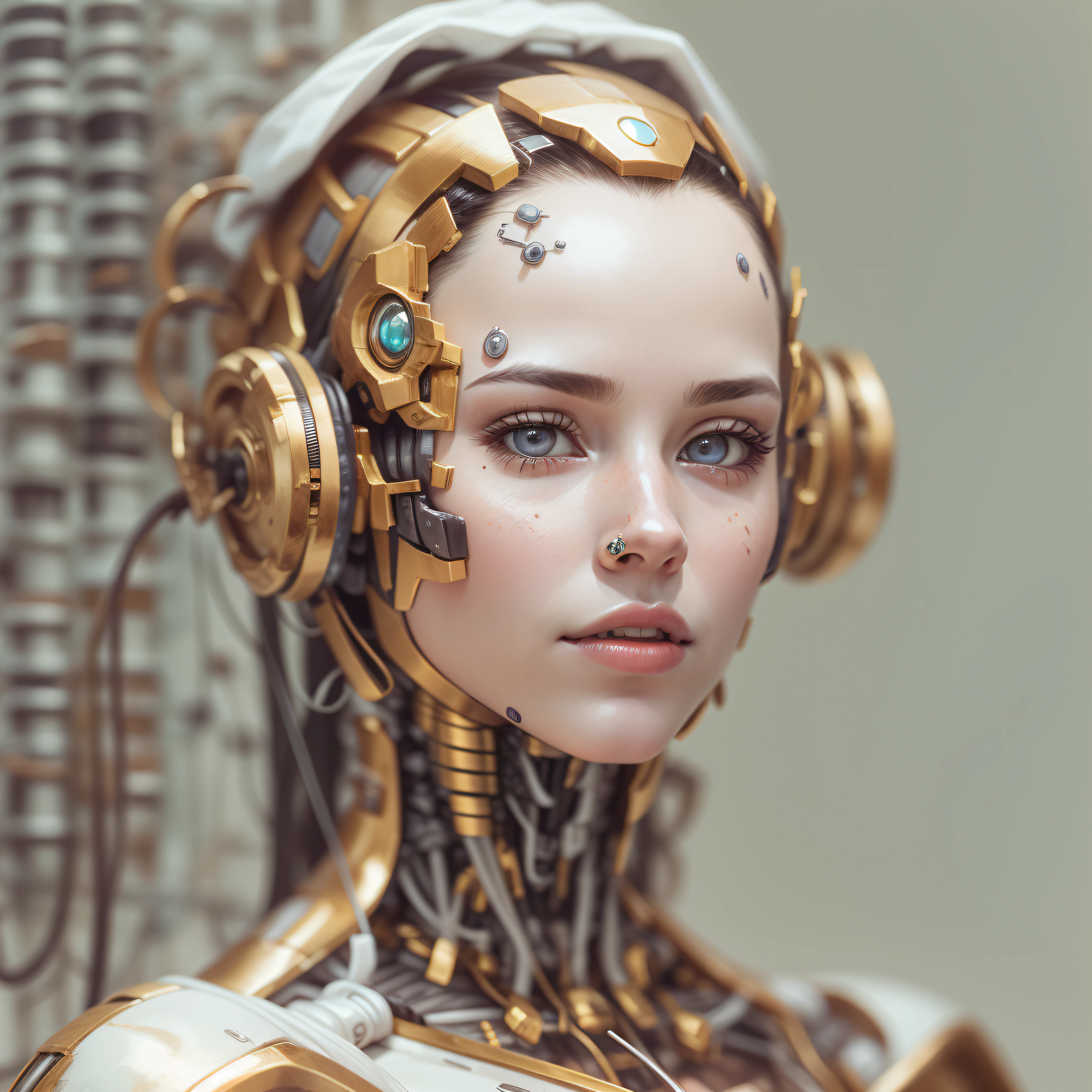 Um_linda cara de_porcelana_mulher, ((corpo_completar)) , android, ciborgue , robotic parts. em ouro.