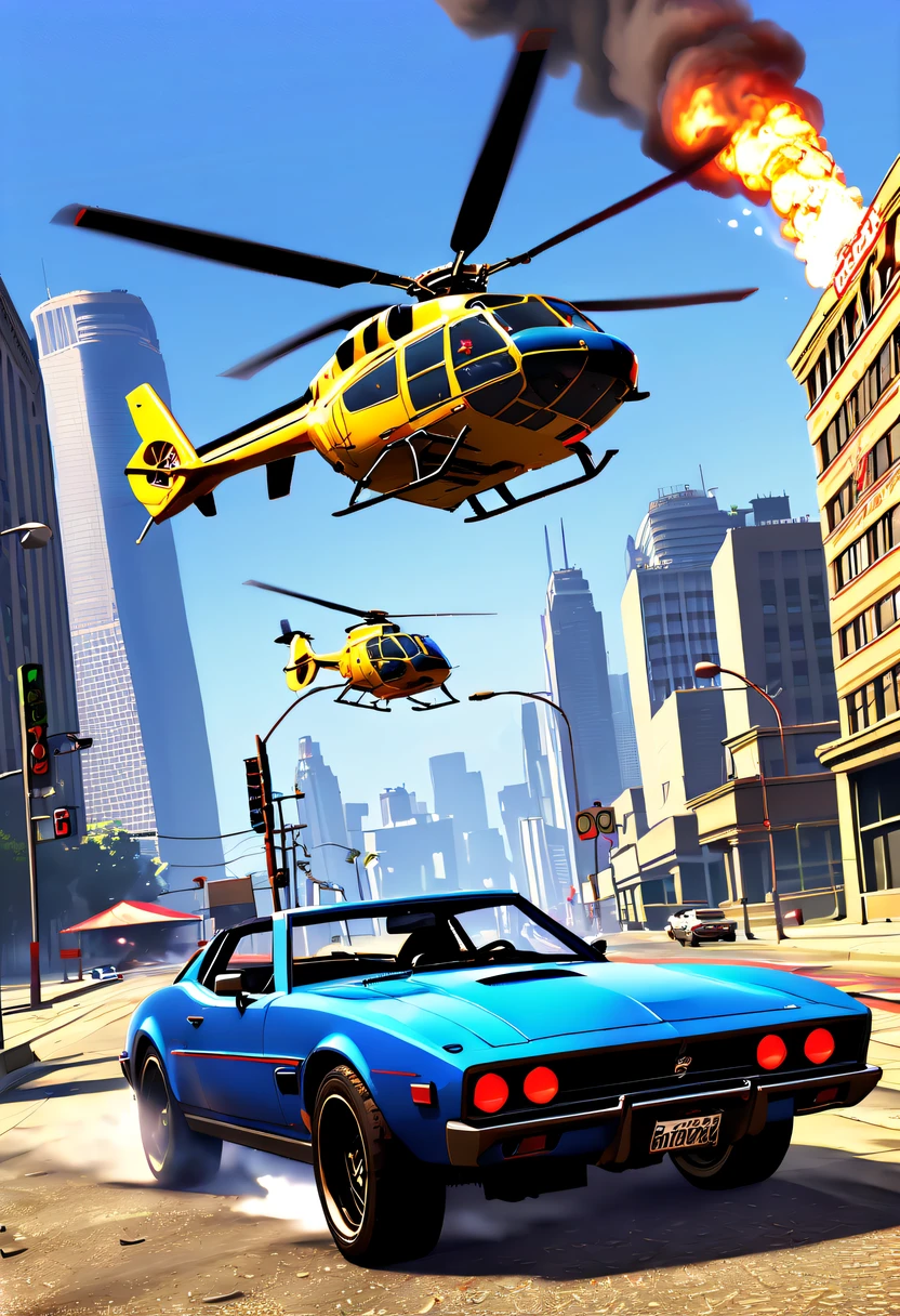 (Best quality at best,4K,8K,A high resolution,tmasterpiece:1.2),ultra - detailed,(actual,realisticlying,Photorealistic:1.37),GTA style showdown,explosive movement,high speed chase,Dystopian cityscape,Gang members,The helicopter circles,city on fire,dramatic lights,Street illuminated by neon lights,criminal mastermind,armed confrontation,Energetic graffiti,Motorcycle roars,Stylish getaway vehicle,Masked mercenary,heavy firearms,rush of excitement,Rain-soaked pavement,rotten building,Tires squeak,The sound of explosions filled the night,Suspenseful,nerve-wracking intensity,bullet time series,expensive sports car,rainbow colored smoke,Professional robbery planning,High-tech products,Illegal business,Underworld crime,dangerous mission,climactic ending,unpredictable twists and turns,Armageddontic chaos,Thrilling car stunts,emotional confrontation.(GTA 5 cover art, GTA STYLE: 1.5),