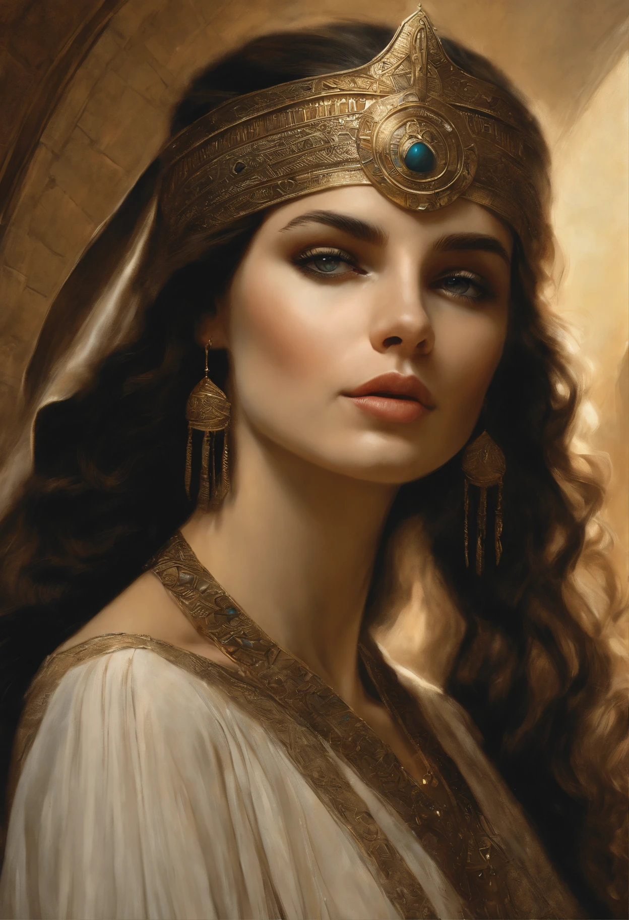 真实感, dark fantasy style, John Tolkien style, Small painting by Jean-Baptiste Monge, Soft facial features, Angribert'eyebrows, potato nose, big eyes, Girl with dark hair in the image of Cleopatra......., Sexy image, style of modern Cleopatra, dressed in a transparent tunic, midriff exposed, girl dressed, in the style of half-naked Cleopatra, looking at away, Long wavy dark hair, hair blowing in wind, dressed in Cleopatra style, Predatory gaze, predatory nature, I'I'I'I', the morning sun is shining,located in a modern metropolis, The city, megalopolis, city trail, big house, glass skyscraper Jean-Baptiste Monge, anthropomorphic --ar 2:3 --testp -optimistic;