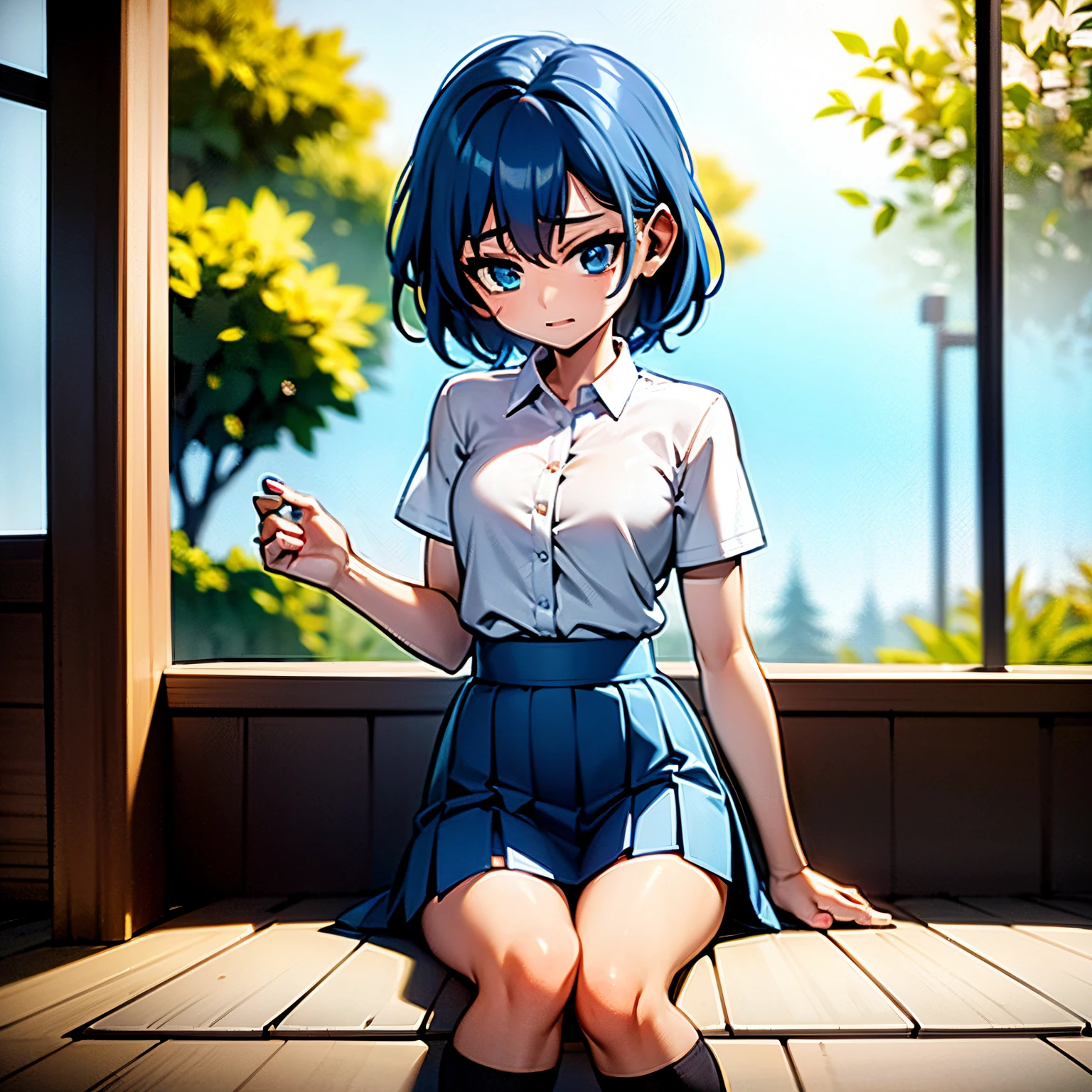 1 woman , short hair, blue hair, green locks, green hair lights, wearing white student shirt,  flat chest, small breasts, white student outfits, in a garden, school on background, 4k, sun shinning in background, masterpiece, good anathomy,