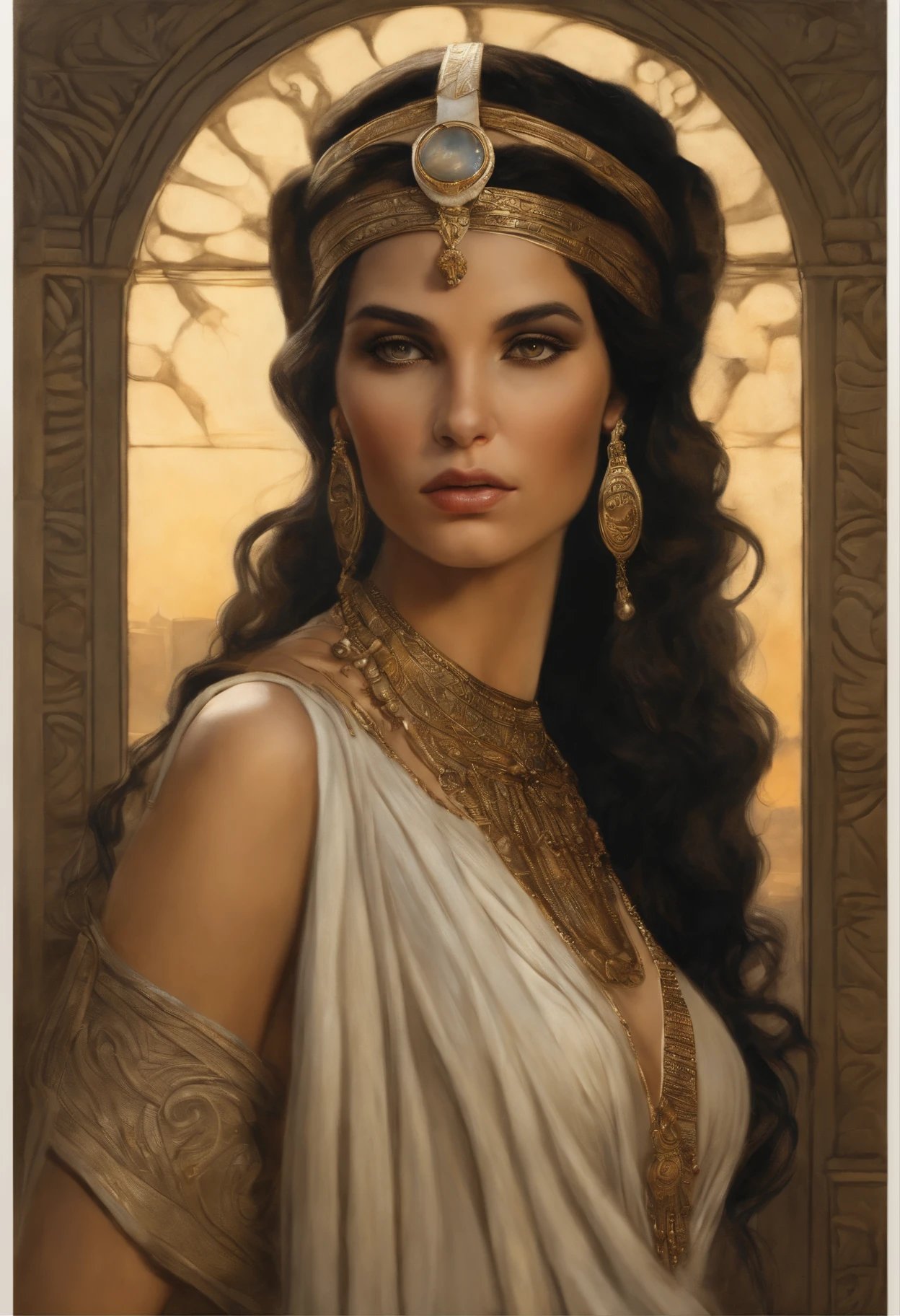 真实感, dark fantasy style, John Tolkien style, Small painting by Jean-Baptiste Monge, Soft facial features, Angribert'eyebrows, potato nose, big eyes, Girl with dark hair in the image of Cleopatra......., Sexy image, style of modern Cleopatra, dressed in a transparent tunic, midriff exposed, girl dressed, in the style of half-naked Cleopatra, looking at away, Long wavy dark hair, hair blowing in wind, dressed in Cleopatra style, Predatory gaze, predatory nature, I'I'I'I', the morning sun is shining,located in a modern metropolis, The city, megalopolis, city trail, big house, glass skyscraper Jean-Baptiste Monge, anthropomorphic --ar 2:3 --testp -optimistic;