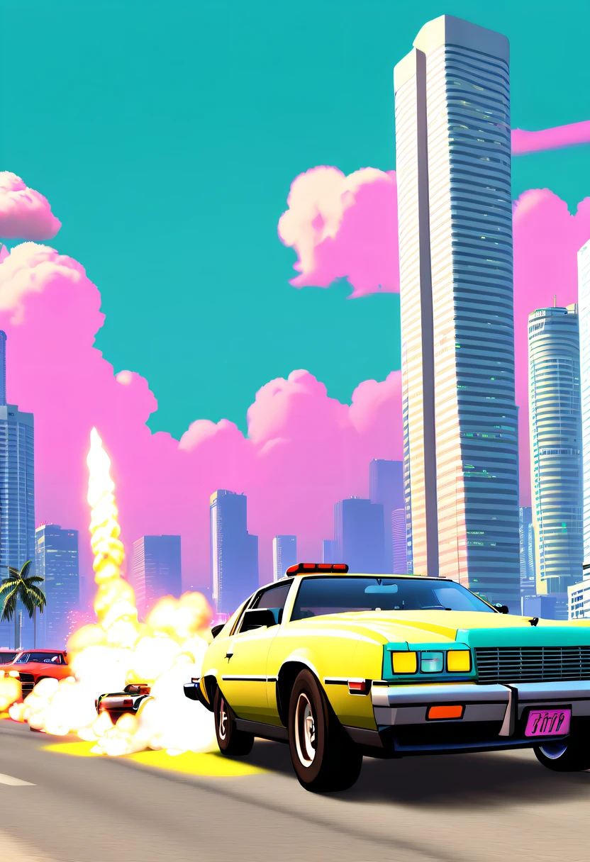 (Best quality at best,4K,8K,A high resolution,tmasterpiece:1.2),ultra - detailed,(actual,realisticlying,Photorealistic:1.37),GTA style showdown,explosive movement,high speed chase,Dystopian cityscape,Gang members,The helicopter circles,city on fire,dramatic lights,Street illuminated by neon lights,criminal mastermind,armed confrontation,Energetic graffiti,Motorcycle roars,Stylish getaway vehicle,Masked mercenary,heavy firearms,rush of excitement,Rain-soaked pavement,rotten building,Tires squeak,The sound of explosions filled the night,Suspenseful,nerve-wracking intensity,bullet time series,expensive sports car,rainbow colored smoke,Professional robbery planning,High-tech products,Illegal business,Underworld crime,dangerous mission,climactic ending,unpredictable twists and turns,Armageddontic chaos,Thrilling car stunts,emotional confrontation.(GTA Vice City, GTA 5 cover art, GTA STYLE: 1.5),