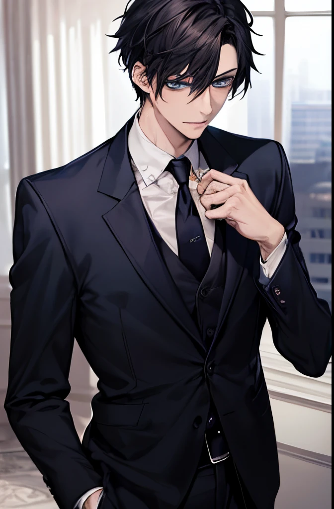 Depiction in motion、Masterpiece of T Hotel,best qualtiy,1 male,As-,With short black hair,The shirt, seminude、anime handsome guy,Wearing a strict business suit, Dark suit, Handsome anime pose in suit and tie, Handsome stunning realistic,Blue eyes