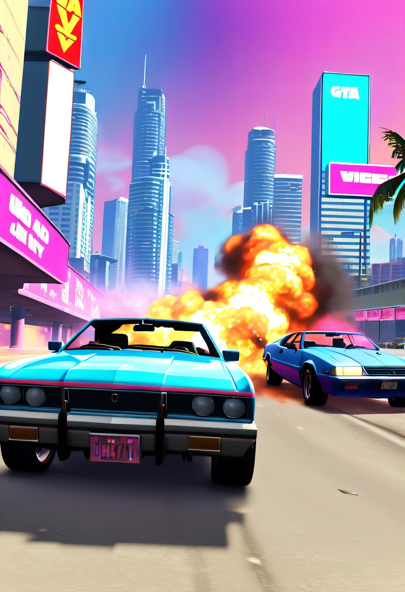 (Best quality at best,4K,8K,A high resolution,tmasterpiece:1.2),ultra - detailed,(actual,realisticlying,Photorealistic:1.37),GTA style showdown,explosive movement,high speed chase,Dystopian cityscape,Gang members,The helicopter circles,city on fire,dramatic lights,Street illuminated by neon lights,criminal mastermind,armed confrontation,Energetic graffiti,Motorcycle roars,Stylish getaway vehicle,Masked mercenary,heavy firearms,rush of excitement,Rain-soaked pavement,rotten building,Tires squeak,The sound of explosions filled the night,Suspenseful,nerve-wracking intensity,bullet time series,expensive sports car,rainbow colored smoke,Professional robbery planning,High-tech products,Illegal business,Underworld crime,dangerous mission,climactic ending,unpredictable twists and turns,Armageddontic chaos,Thrilling car stunts,emotional confrontation.(GTA Vice City, GTA 5 cover art, GTA STYLE: 1.5),