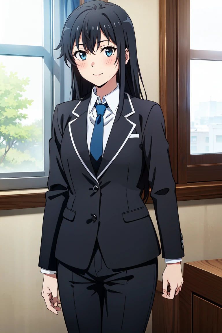 yukinoshita yukino in a suit and tie standing in front of a window, 1girl, solo, necktie, black hair, blue eyes, long hair, smile, jacket, looking at viewer, shirt, pants, blue necktie, collared shirt, white pants, white shirt, indoors, bangs, long sleeves, closed mouth, window, black jacket, blush, cowboy shot, formal, suit