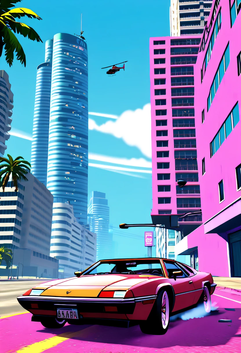 (Best quality at best,4K,8K,A high resolution,tmasterpiece:1.2),ultra - detailed,(actual,realisticlying,Photorealistic:1.37),GTA style showdown,explosive movement,high speed chase,Dystopian cityscape,Gang members,The helicopter circles,city on fire,dramatic lights,Street illuminated by neon lights,criminal mastermind,armed confrontation,Energetic graffiti,Motorcycle roars,Stylish getaway vehicle,Masked mercenary,heavy firearms,rush of excitement,Rain-soaked pavement,rotten building,Tires squeak,The sound of explosions filled the night,Suspenseful,nerve-wracking intensity,bullet time series,expensive sports car,rainbow colored smoke,Professional robbery planning,High-tech products,Illegal business,Underworld crime,dangerous mission,climactic ending,unpredictable twists and turns,Armageddontic chaos,Thrilling car stunts,emotional confrontation.(GTA Vice City, GTA 5 cover art, GTA STYLE: 1.5),