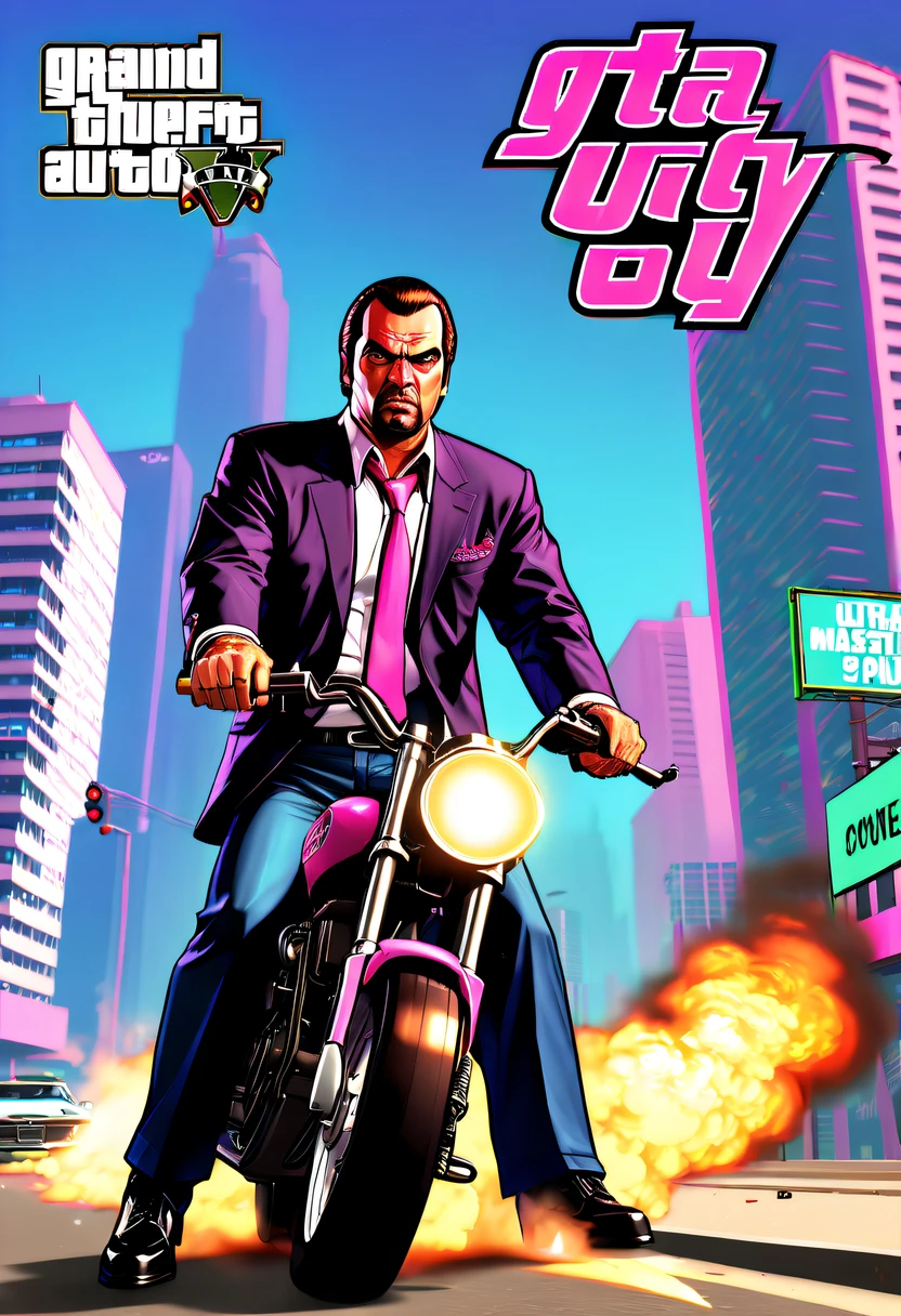 (Best quality at best,4K,8K,A high resolution,tmasterpiece:1.2),ultra - detailed,(actual,realisticlying,Photorealistic:1.37),GTA style showdown,explosive movement,high speed chase,Dystopian cityscape,Gang members,The helicopter circles,city on fire,dramatic lights,Street illuminated by neon lights,criminal mastermind,armed confrontation,Energetic graffiti,Motorcycle roars,Stylish getaway vehicle,Masked mercenary,heavy firearms,rush of excitement,Rain-soaked pavement,rotten building,Tires squeak,The sound of explosions filled the night,Suspenseful,nerve-wracking intensity,bullet time series,expensive sports car,rainbow colored smoke,Professional robbery planning,High-tech products,Illegal business,Underworld crime,dangerous mission,climactic ending,unpredictable twists and turns,Armageddontic chaos,Thrilling car stunts,emotional confrontation.(GTA Vice City, GTA 5 cover art, GTA STYLE: 1.5),