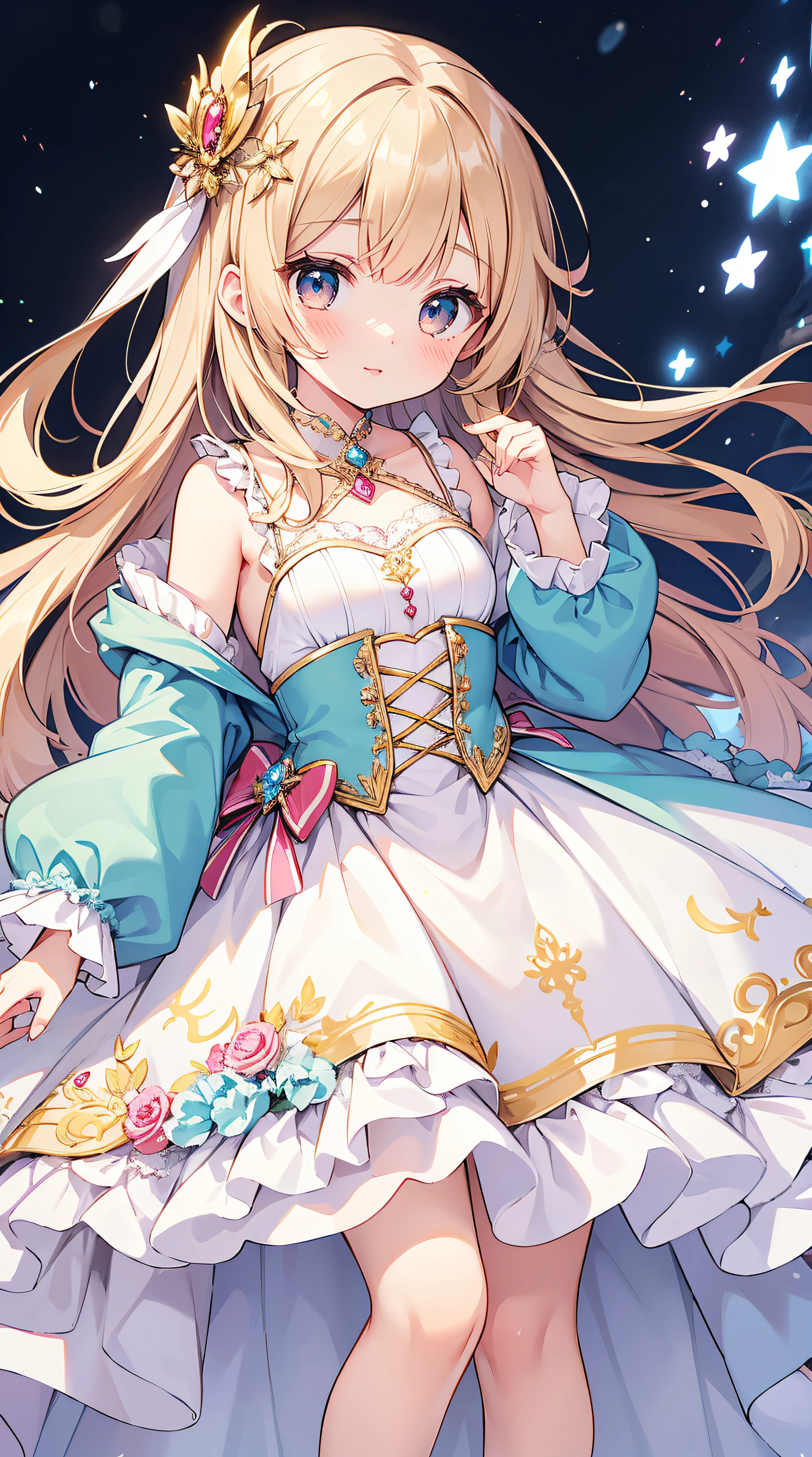 (quality, 4K, A high resolution, tmasterpiece), ((perfect anatomia)), Cute girls, Chibi, Light brown hair, Beige hair, Long gray hair, Gradient eyes ,((👄)), ssmile, off and on, Wain reddo dress with soft lace trim, crystallization of clothes, striped cloth, colorful clothes, gradient backgrounds, floating light spot, ((Princess in gorgeous rococo ball gown，Decorated with beautiful embroidery and jewelry, Long skirt with ruffles)), ((pettycoat)), (Small under the chest), (spark of light)