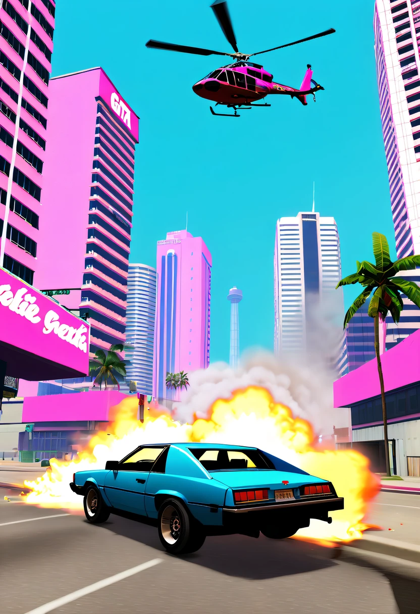 (Best quality at best,4K,8K,A high resolution,tmasterpiece:1.2),ultra - detailed,(actual,realisticlying,Photorealistic:1.37),GTA style showdown,explosive movement,high speed chase,Dystopian cityscape,Gang members,The helicopter circles,city on fire,dramatic lights,Street illuminated by neon lights,criminal mastermind,armed confrontation,Energetic graffiti,Motorcycle roars,Stylish getaway vehicle,Masked mercenary,heavy firearms,rush of excitement,Rain-soaked pavement,rotten building,Tires squeak,The sound of explosions filled the night,Suspenseful,nerve-wracking intensity,bullet time series,expensive sports car,rainbow colored smoke,Professional robbery planning,High-tech products,Illegal business,Underworld crime,dangerous mission,climactic ending,unpredictable twists and turns,Armageddontic chaos,Thrilling car stunts,emotional confrontation.(GTA Vice City, GTA 5 cover art, GTA STYLE: 1.5),