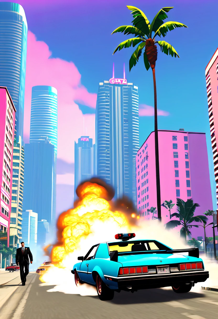 (Best quality at best,4K,8K,A high resolution,tmasterpiece:1.2),ultra - detailed,(actual,realisticlying,Photorealistic:1.37),GTA style showdown,explosive movement,high speed chase,Dystopian cityscape,Gang members,The helicopter circles,city on fire,dramatic lights,Street illuminated by neon lights,criminal mastermind,armed confrontation,Energetic graffiti,Motorcycle roars,Stylish getaway vehicle,Masked mercenary,heavy firearms,rush of excitement,Rain-soaked pavement,rotten building,Tires squeak,The sound of explosions filled the night,Suspenseful,nerve-wracking intensity,bullet time series,expensive sports car,rainbow colored smoke,Professional robbery planning,High-tech products,Illegal business,Underworld crime,dangerous mission,climactic ending,unpredictable twists and turns,Armageddontic chaos,Thrilling car stunts,emotional confrontation.(GTA Vice City, GTA 5 cover art, GTA STYLE: 1.5),
