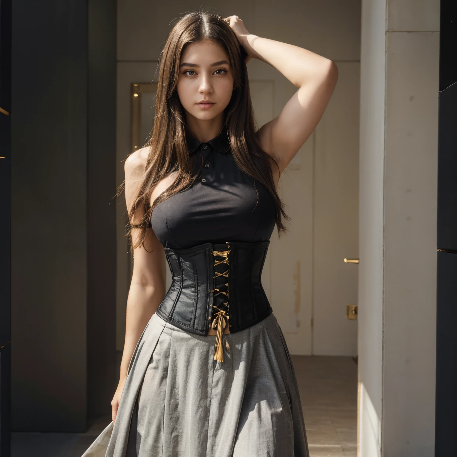 (Masterpiece), Long gold hair, Black headband, light brown long skirt, light gray polo t-shirt, black corset, black eyes, Girl