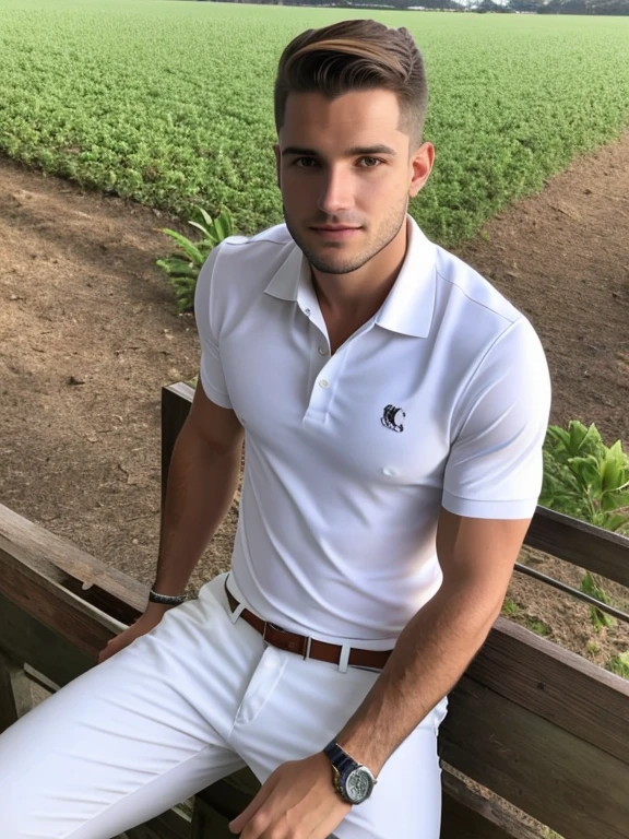 Vaqueiro branco, alto, vestindo camisa polo da hugo boss e bermuda, , auburn buzzcut cabelo castanho, olhos castanho, barba raza, taking selfie sitting on the farm in the morning