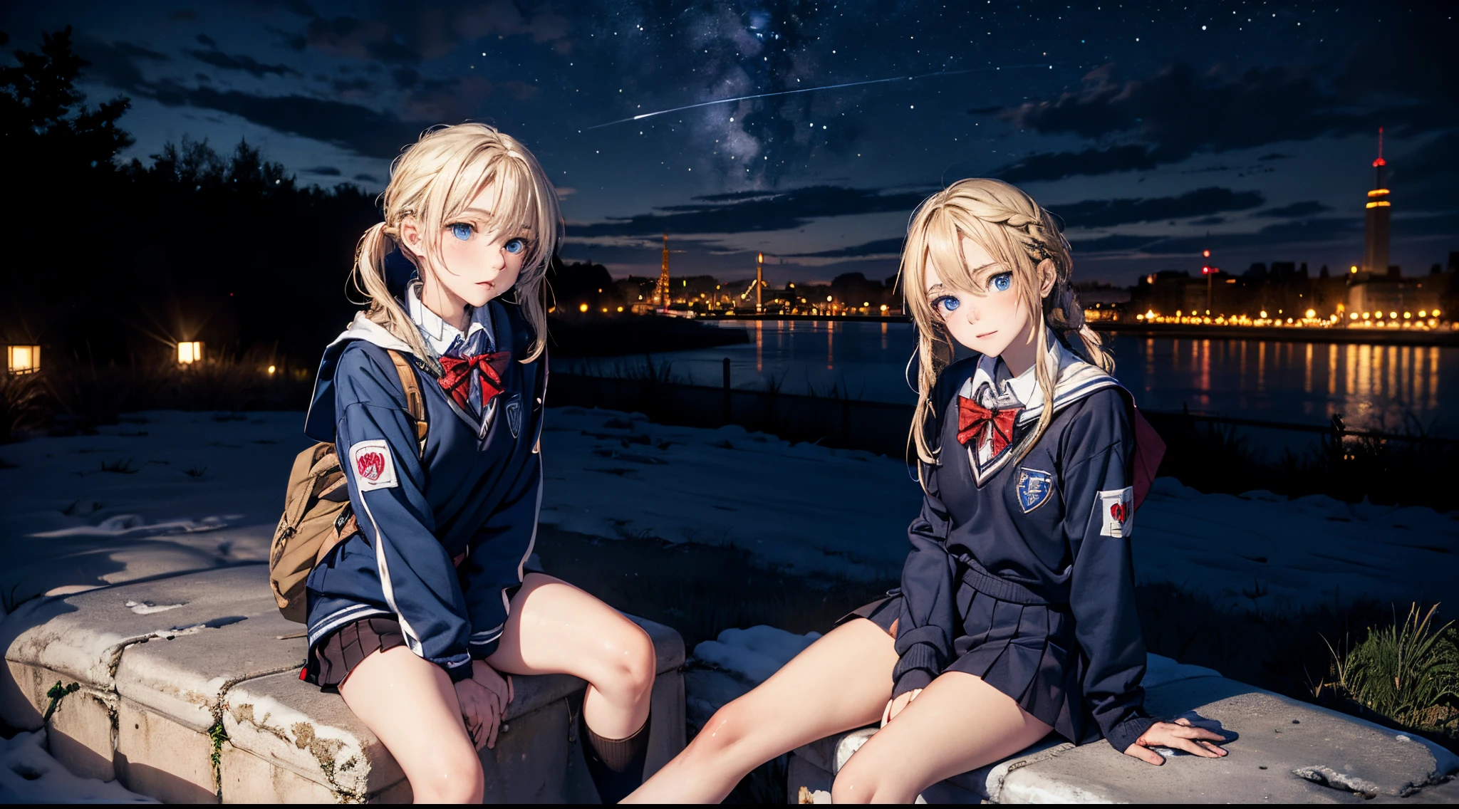 masutepiece,8K,octans, Skysky, stele(Skysky), landscapes, starrysky, natta, 1girl in, looks at the camera, piercing gaze, nigh sky, report, plein air, built, ​​clouds, milkyway, sitting on, 城市, silhuette, Cityscape,(Short, Low twin-tailed blonde hair:1.2), (Deep Blue Eyes:1.3), piercing gaze, small smile, (winter school uniform:1.1)