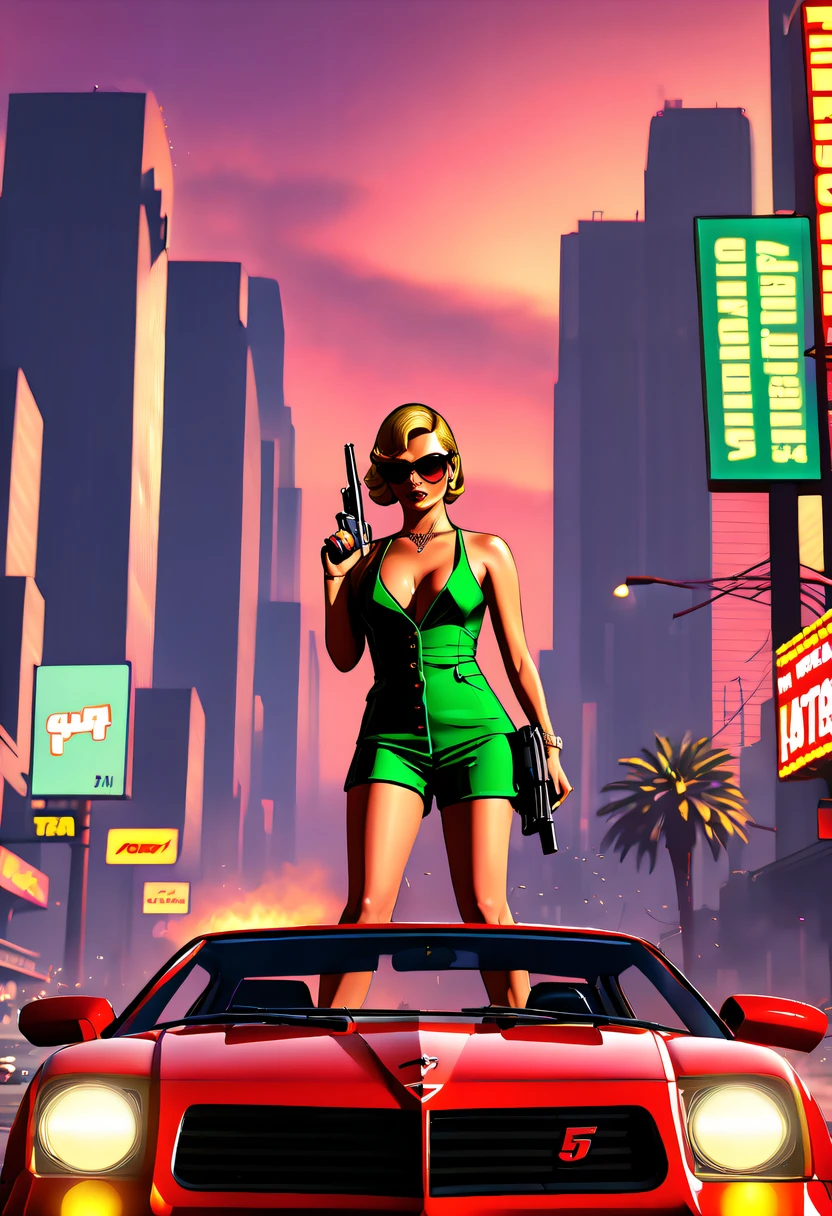(Best quality,4K,8K,A high resolution,tmasterpiece:1.2), ultra - detailed, (actual,realistically,realisticlying:1.37), (GTA STYLE:1.5) ,A girl escapes an explosion in a car,Burning car,There are gunshots everywhere,City lights are bright at night,Reflection of neon lights on car windshield,traffic chaos, hasty, intense chase scene, Cinematic action, Night streets, high speed pursuit, on the verge of danger, the last Stand, epic showdown, dramatic climax, exciting ending, stunning  visuals, Immersive atmosphere, Detailed car model, Realistic game engine, tough environment, Dynamic camera angle, Dynamic lighting effects, Realistic gunshots, dramatic music, intense emotions.( GTA 5 cover art, GTA STYLE: 1.5),