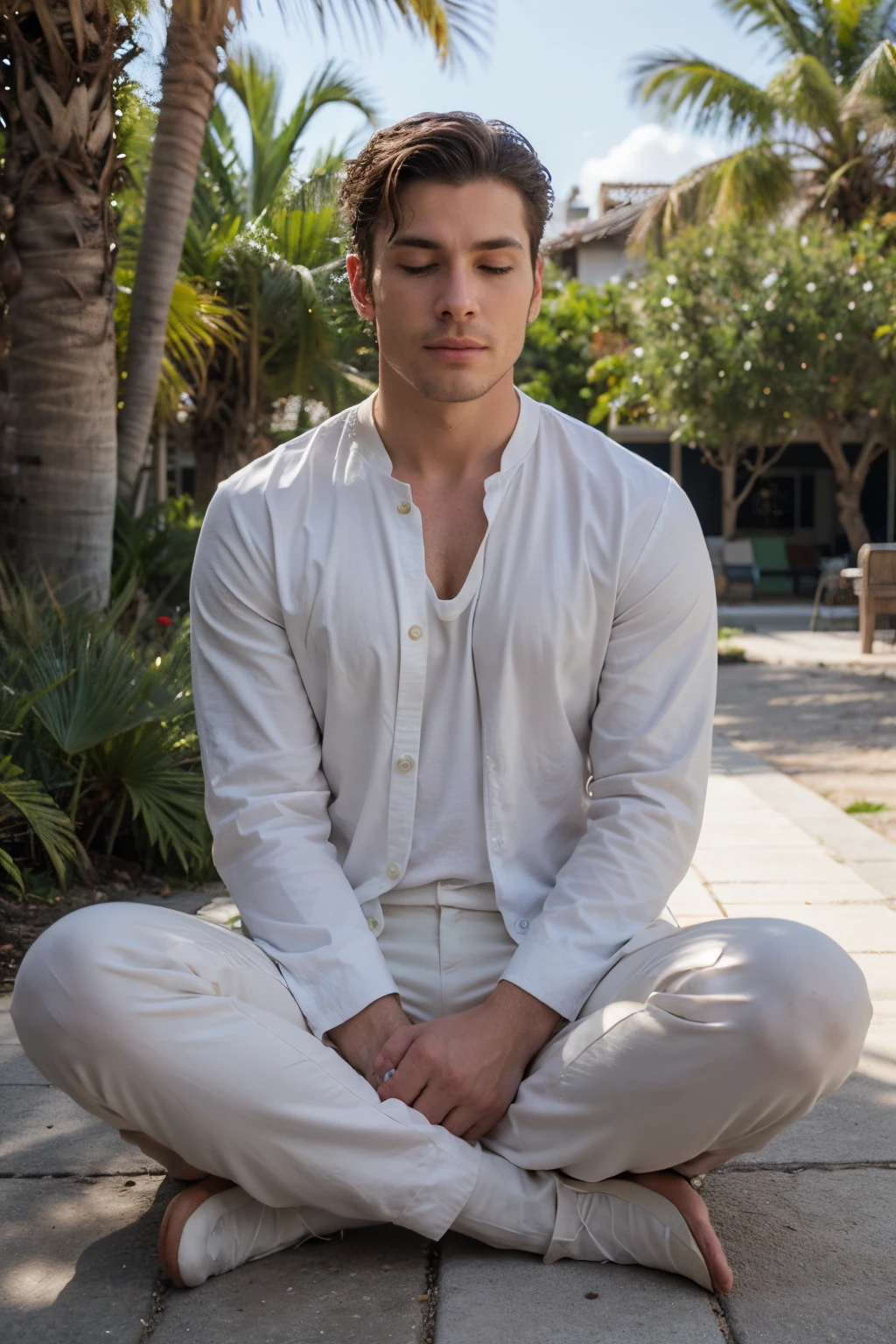 Create a covincing image of an attractive (man:1.5) with broad shoulders. (The man:1.5) is wearing a white shirt, blue jacket, blue trousers and brown leather shoes. Sits in lotus position, man meditates with eyes closed. The face is calm and concentrated. Full-length pose. Close-up, calm beach, personifying self-confidence and assertiveness, three palm trees can be seen in the background, dawn lighting. No text added
Ultra-realistic, ultra-detailed, soft light, detail skin