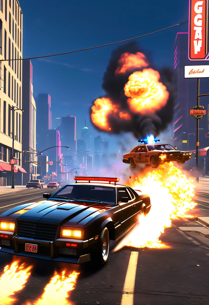 (Best quality,4K,8K,A high resolution,tmasterpiece:1.2), ultra - detailed, (actual,realistically,realisticlying:1.37), (GTA STYLE:1.5) ,A girl escapes an explosion in a car,Burning car,There are gunshots everywhere,City lights are bright at night,Reflection of neon lights on car windshield,traffic chaos, hasty, intense chase scene, Cinematic action, Night streets, high speed pursuit, on the verge of danger, the last Stand, epic showdown, dramatic climax, exciting ending, stunning visuals, Immersive atmosphere, Detailed car model, Realistic game engine, tough environment, Dynamic camera angle, Dynamic lighting effects, Realistic gunshots, dramatic music, intense emotions.( GTA 5 cover art, GTA STYLE: 1.5),