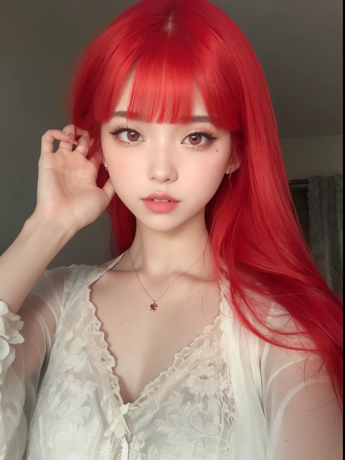 Un primer plano de una mujer con el pelo rojo y un vestido blanco, pale red, con el pelo largo y rojo, rojo vibrante, rojo fuego, red tinted hair, crimson red hair and red eyes, Fuerte tono rojo, cabello rojo brillante, rojo brillante, cabello rojo brillante, peluca roja, color rojo, color rojo, Cabello rojo vibrante, con el pelo rojo, ulzzang