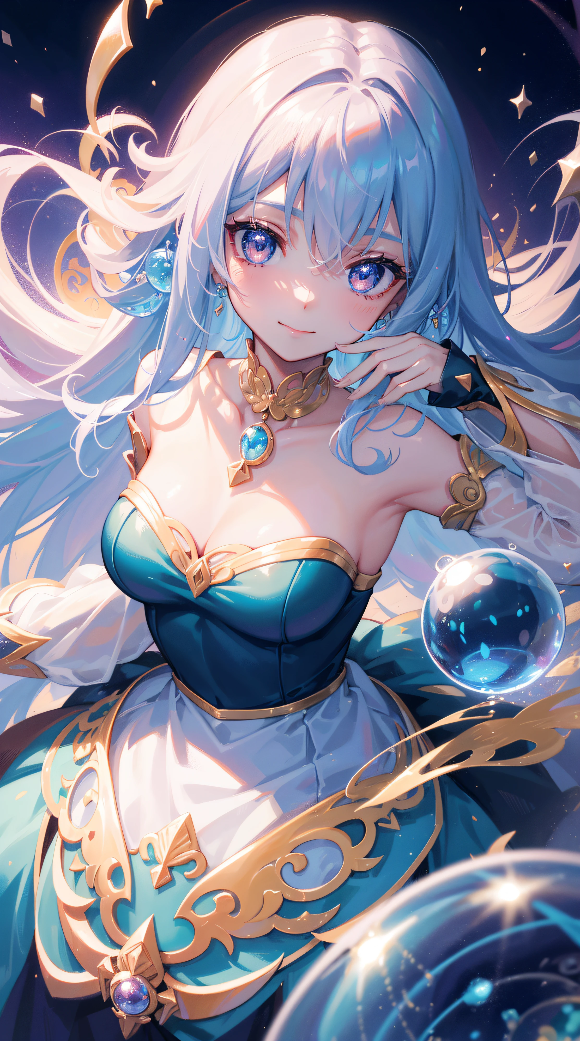 tmasterpiece, Best quality, 8K分辨率, Focus sharp, Complicated details, beuaty girl, Eyes are bright, golden-ratio face, Otherworldly liquids, aquarelle, pastel colour, vibrant with colors, Whimsical, Colorful, Focus sharp, A high resolution, finely detailled, ((Layered puffy long-sleeve ball gown)), ((Round eyes)), Iridescent bubbles, Fantasia background,smiling expression