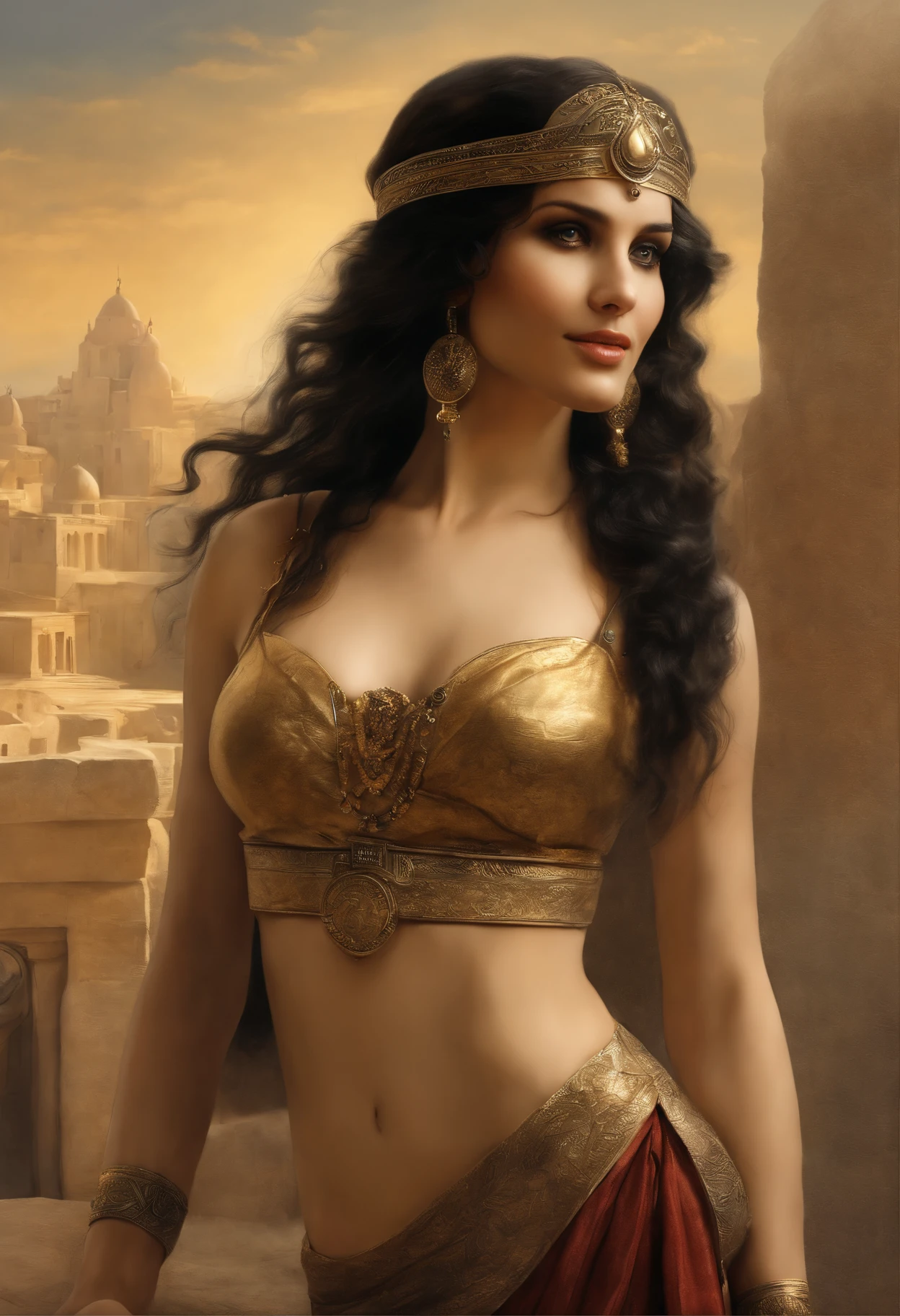 真实感, dark fantasy style, John Tolkien style, Small painting by Jean-Baptiste Monge, Soft facial features, Angribert'eyebrows, potato nose, big eyes, Girl with dark hair in the image of Cleopatra........., Sexy image, style of modern Cleopatra, semi-naked, midriff exposed, girl dressed, in the style of half-naked Cleopatra, looking at away, Long wavy dark hair, hair blowing in wind, dressed in Cleopatra style, Predatory gaze, predatory nature, I'I'I'I', the morning sun is shining,located in a modern metropolis, The city, megalopolis, city trail, big house, glass skyscraper Jean-Baptiste Monge, anthropomorphic --ar 2:3 --testp -optimistic;