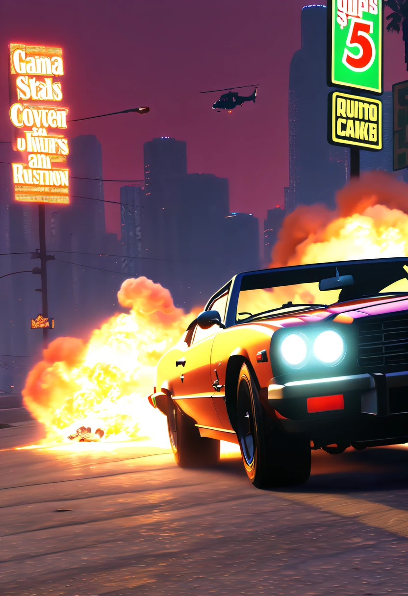 (Best quality,4K,8K,A high resolution,tmasterpiece:1.2), ultra - detailed, (actual,realistically,realisticlying:1.37), (GTA STYLE:1.5) ,A girl escapes an explosion in a car,Burning car,There are gunshots everywhere,City lights are bright at night,Reflection of neon lights on car windshield,traffic chaos, hasty, intense chase scene, Cinematic action, Night streets, high speed pursuit, on the verge of danger, the last Stand, epic showdown, dramatic climax, exciting ending, stunning visuals, Immersive atmosphere, Detailed car model, Realistic game engine, tough environment, Dynamic camera angle, Dynamic lighting effects, Realistic gunshots, dramatic music, intense emotions.( GTA 5 cover art, GTA STYLE: 1.5),