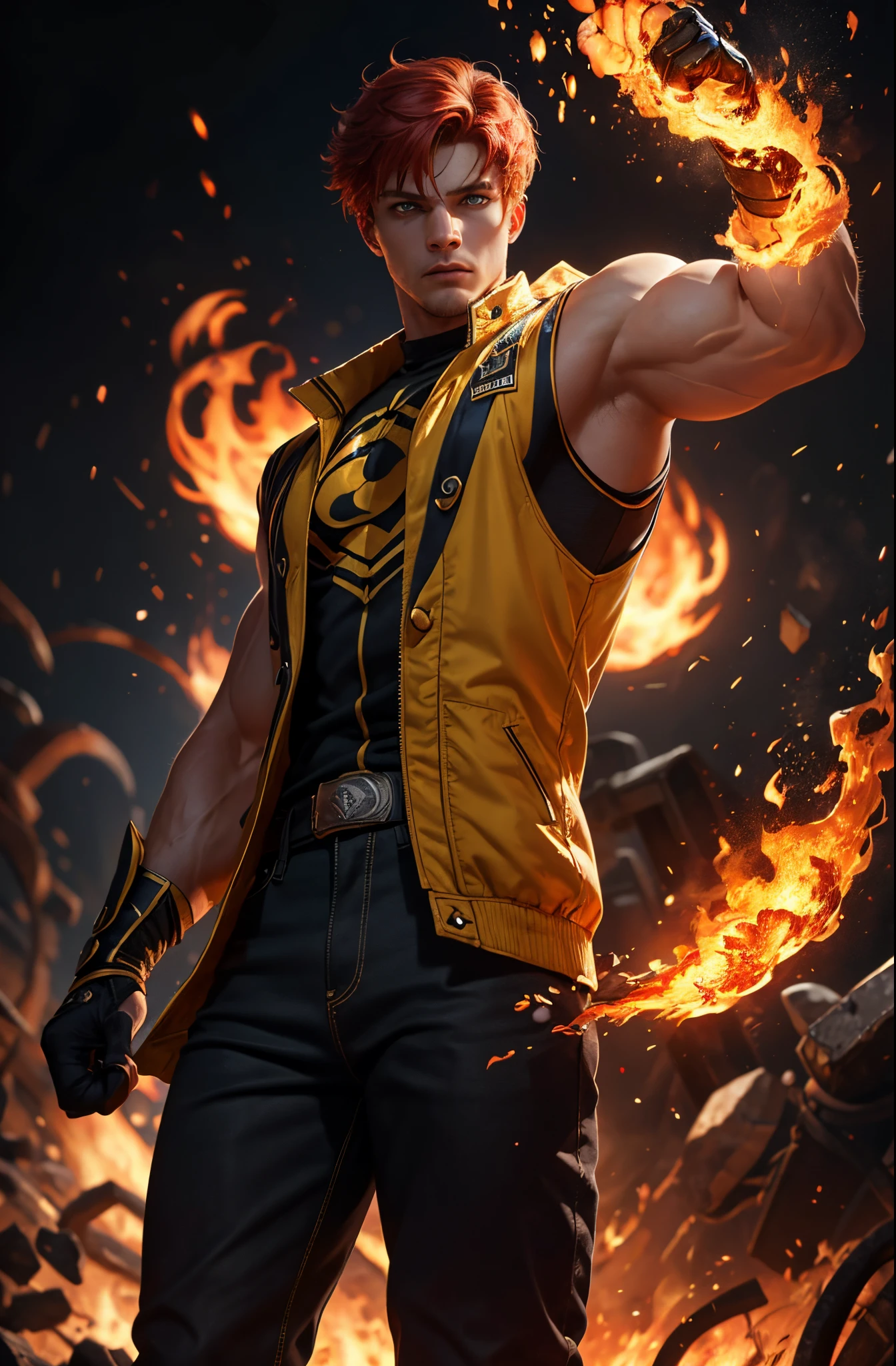 1 man, 1 male, super-hero, male focus, muscular man, Caucasian, 25-years old, red hair, blue eyes, tight yellow pants, red and yellow sleeveless jacket, black fingerless gloves, flames bursting out of his hands, surrounded by flames, bulging muscles, finely detailed eyes and detailed face, extremely detailed CG unity 8k wallpaper, intricate details, portrait, solo, detailed background, bokeh, raytracing, realistic textured skin, particle effects, depth of field,