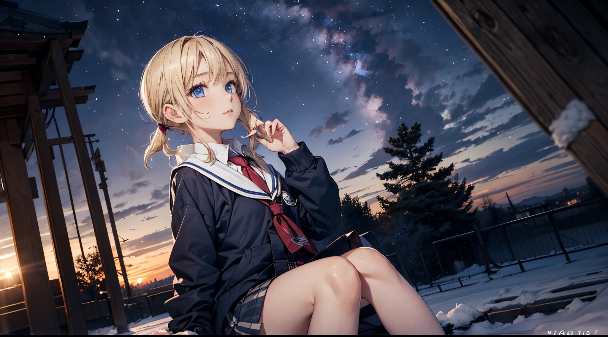 masutepiece,8K,octans, Skysky, stele(Skysky), landscapes, starrysky, natta, 1girl in, looks at the camera, piercing gaze, nigh sky, report, plein air, built, clouds, milkyway, sitting on, 城市, silhuette, Cityscape,(Short, Low twin-tailed blonde hair:1.2), (Deep Blue Eyes:1.3), piercing gaze, small smile, (winter school uniform:1.1)