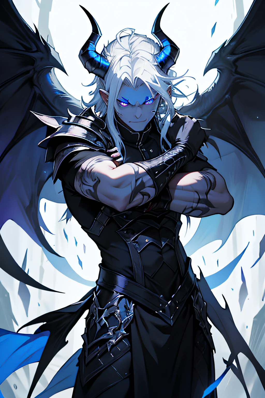 I am a beautiful young white-haired demon of pride, dressed in black armor with blue markings that highlight my demonic power. A pair of horns on top of my head and a pair of wings serve as a reminder to those who doubt my abilities., while a flaming blue tail completes my frightening appearance. My eyes are a burning blue, capable of striking fear in the hearts of even the most daring souls. Although I may be seen as cruel and inflexible by some, eu&#39;I&#39;m just displaying the strength that befits a demon of pride. macho. somente