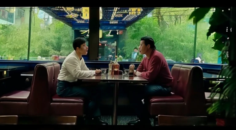 Two men are sitting at a table in a restaurant, screenshots from movies, Highlight scenes from the movie, Scene from Movie, Still in the movie, Wong Kar-wai style, Still in the movie, stills from movies, Scenes from live-action movies, Still from live-action movies, Still a shot from the movie, filmed in movies