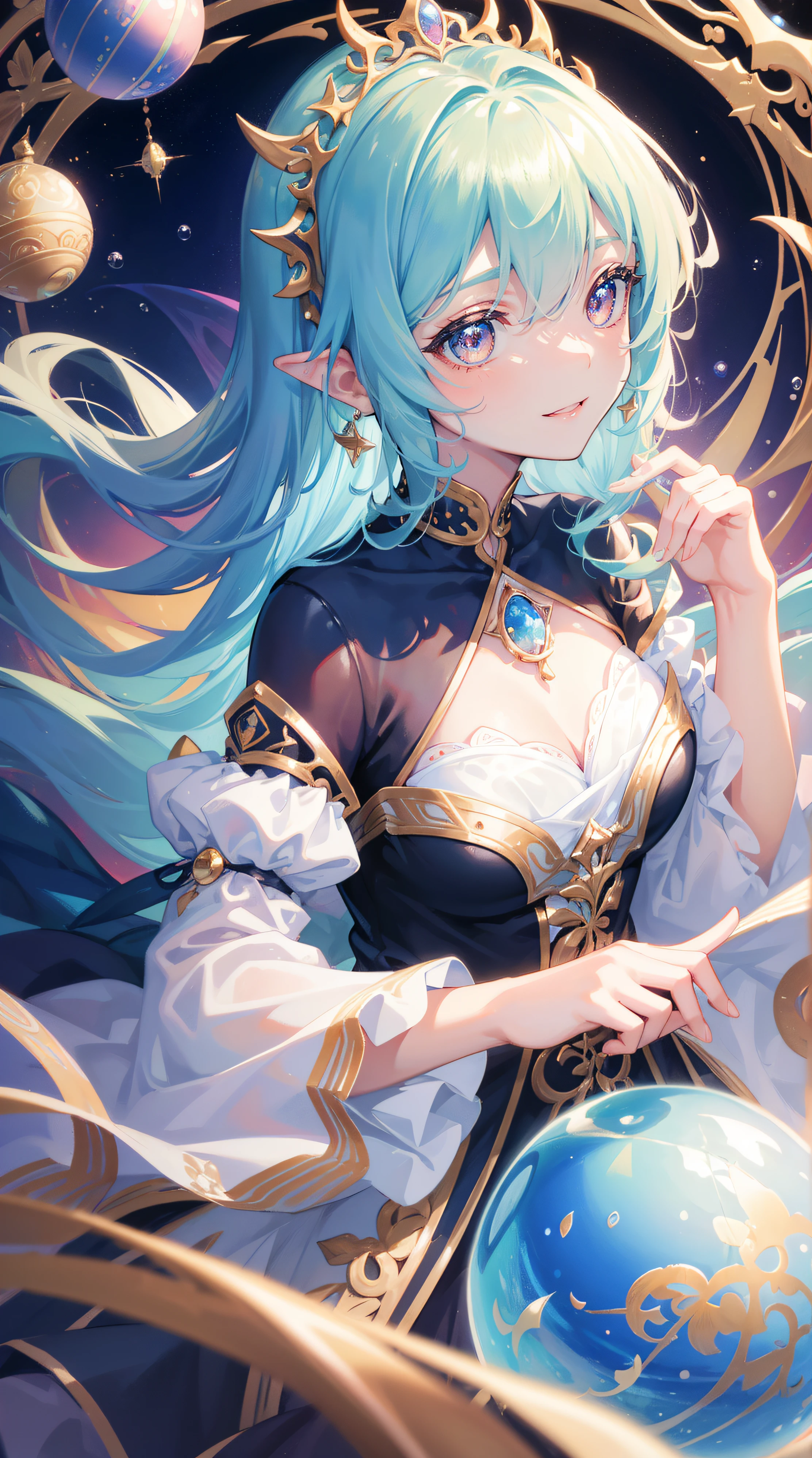 tmasterpiece, Best quality, 8K分辨率, Focus sharp, Complicated details, beuaty girl, Eyes are bright, golden-ratio face, Otherworldly liquids, aquarelle, pastel colour, vibrant with colors, Whimsical, Colorful, Focus sharp, A high resolution, finely detailled, ((Layered puffy long-sleeve ball gown)), ((Round eyes)), Iridescent bubbles, Fantasia background,smiling expression