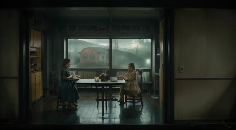 There  a woman sitting at the table in the room, eastman color film, inspired by Gregory Crewdson, full color still, stills from movies, Atmospheric warm colors, ai weiwei and gregory crewdson, Art House Film Aesthetics, Atmospheric cool color-level, movie film shooting, Stunningly moody cinematography, 4k movie stills