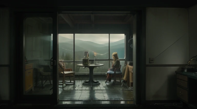 There  a woman sitting at the table in the room, eastman color film, inspired by Gregory Crewdson, full color still, stills from movies, Atmospheric warm colors, ai weiwei and gregory crewdson, Art House Film Aesthetics, Atmospheric cool color-level, movie film shooting, Stunningly moody cinematography, 4k movie stills