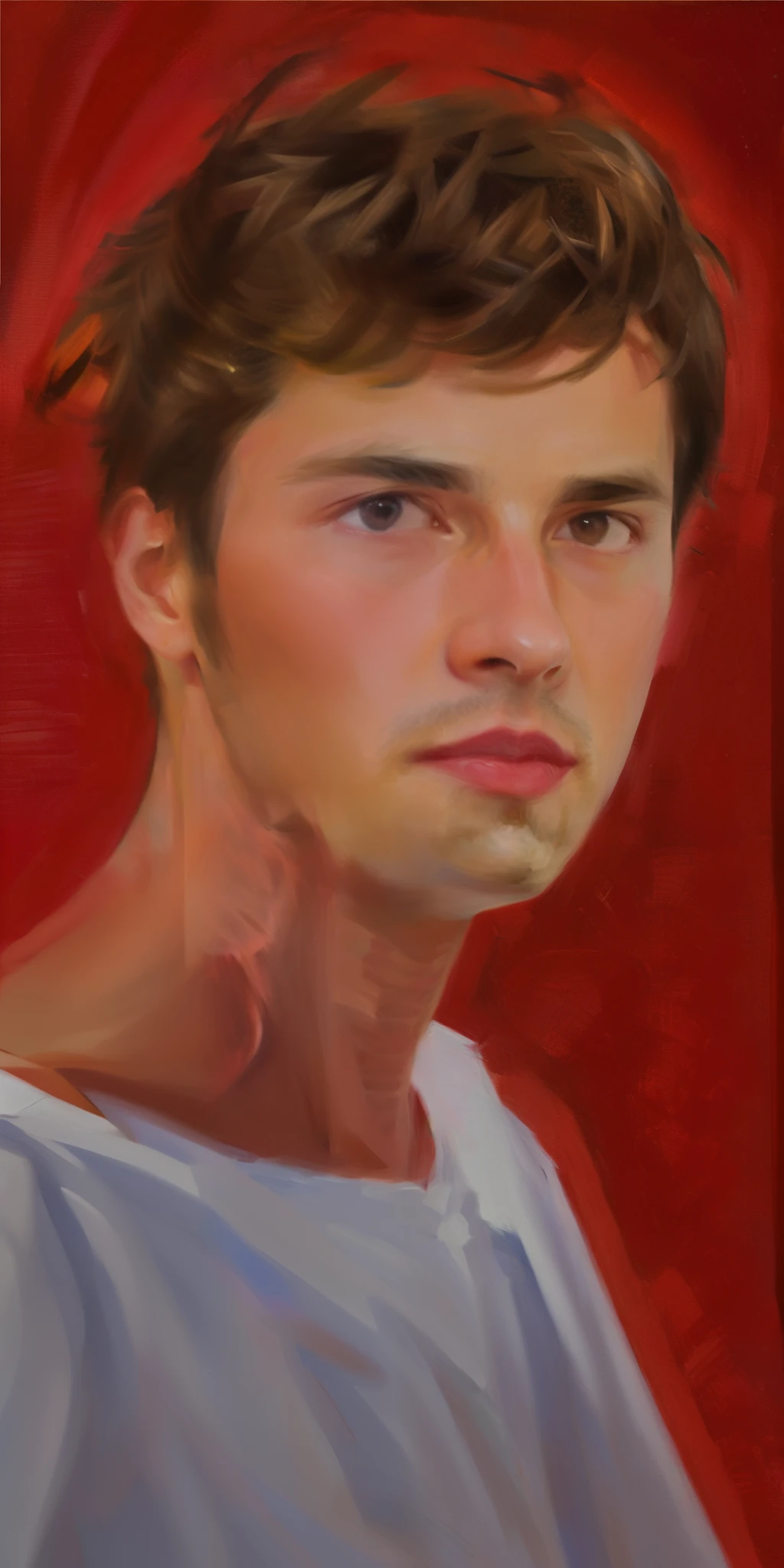 painting of a young man with a white shirt and a red background, side centered painted portrait, hyperrealistic , painted portrait, painted character portrait, smooth. digital painting, realistic self portrait, #1 digital painting of all time, digital painted, # 1 digital painting of all time, side profile painted portrait, realistic studio portrait, inspired by Caspar Wolf