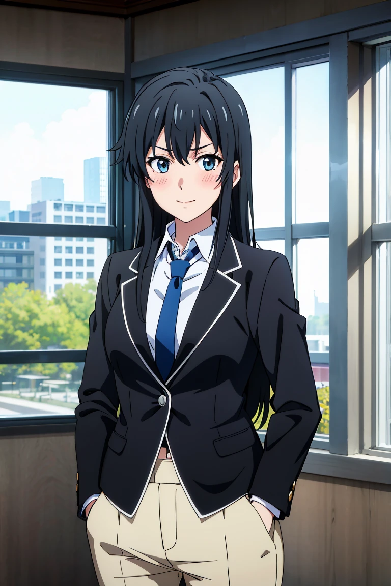 yukinoshita yukino in a suit and tie standing in front of a window, 1girl, solo, necktie, black hair, blue eyes, long hair, smile, jacket, looking at viewer, shirt, pants, blue necktie, collared shirt, white pants, white shirt, indoors, bangs, long sleeves, closed mouth, window, black jacket, blush, cowboy shot, formal, suit , badass female