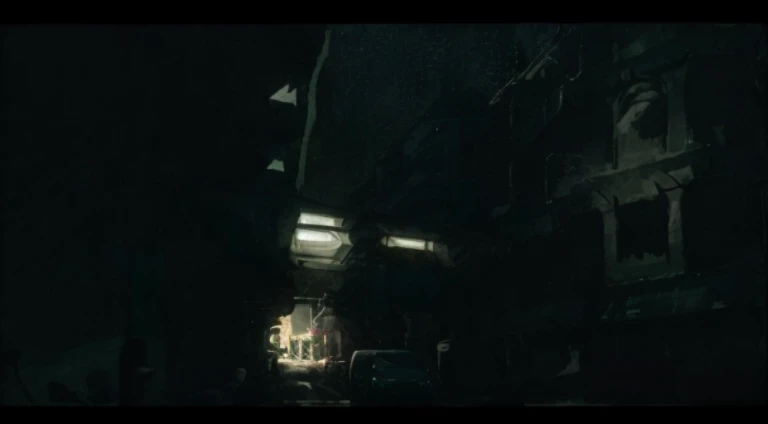 There a car driving on a dark street at night, dimly lit scene, movie lens ar 9:16-n 6-g, Night video, overlooking a dark street, Movie lights at night, dark neighborhood, Dark Street, Atmospheric cool colors, Atmospheric cool color-level, Dark eerie movie frames, low light movies, taken from a movie