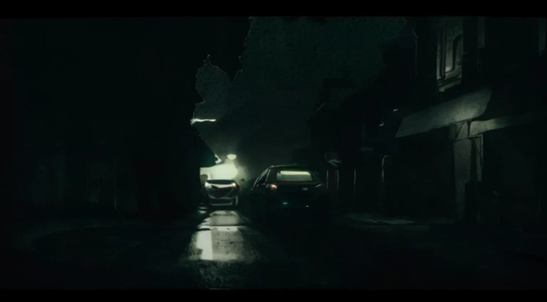 There a car driving on a dark street at night, dimly lit scene, movie lens ar 9:16-n 6-g, Night video, overlooking a dark street, Movie lights at night, dark neighborhood, Dark Street, Atmospheric cool colors, Atmospheric cool color-level, Dark eerie movie frames, low light movies, taken from a movie