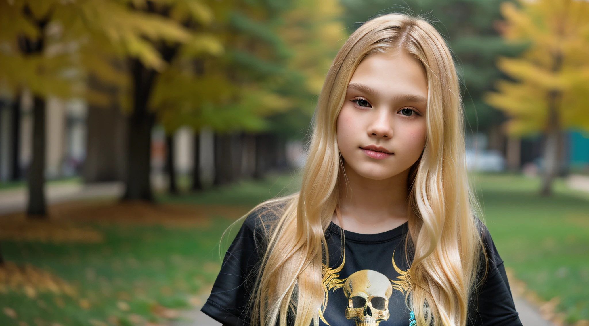 KIDS cabelo loiro comprido, there are three skulls with a phoenix