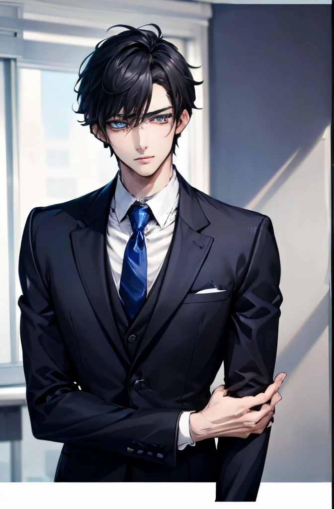 Depiction in motion，best qualtiy，1 male，With short black hair，The shirt, seminude、anime handsome guy,Wearing a strict suit, Dark suit, Handsome anime pose in suit and tie, Handsome stunning realistic,Blue eyes