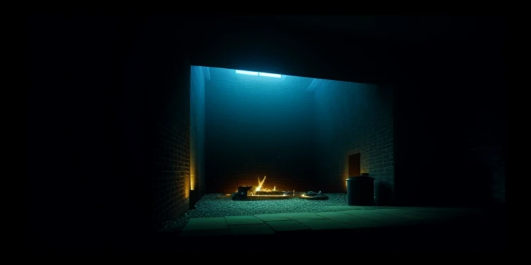 A small fire in a dark room with brick walls, in roger deakins style, Photography by Roger Deakins, smelting pit&#39;beeple, stunning cinematography, amazing cinematography, Photography by Roger Deakins, Dramatic science fiction movie stills, beautiful cinematography, Dark sci-fi movie scene, Roger Deakins, Stunningly moody cinematography