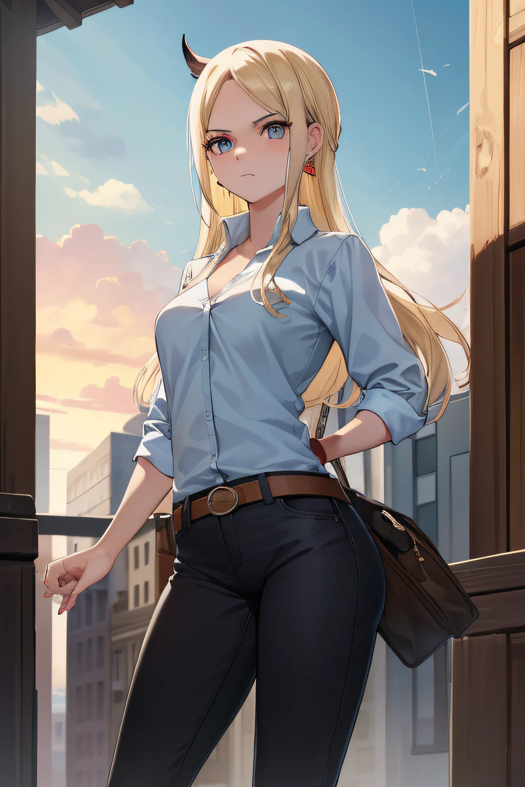 Android18, Androide 18, cabello rubio, ojos azules, lashes, Pendientes de aro, pelo corto, Pendientes, BREAK Belt, Legwear negro, Camisa negra, Bolsillo, escote, 鎖骨, denim, falda vaquera, Falda de cintura alta, jewely, mangas largas, bolsillo, camisa, Camisa metida, falda, rayado, Mangas a rayas, chaleco,, DESCANSO al aire libre, Ciudad, Cielo, nube, sol, DESCANSO mirando al espectador, (Disparo de vaquero:1.5), QUEBRAR (Obra maestra:1.2), La mejor calidad, High resolution, Unidad 8K Fondo de pantalla, (illustration:0.8), (hermosos ojos detallados:1.6), Cara extremadamente detallada, Perfect lighting, CG extremadamente detallado, (Manos perfectas, Perfect anatomy),