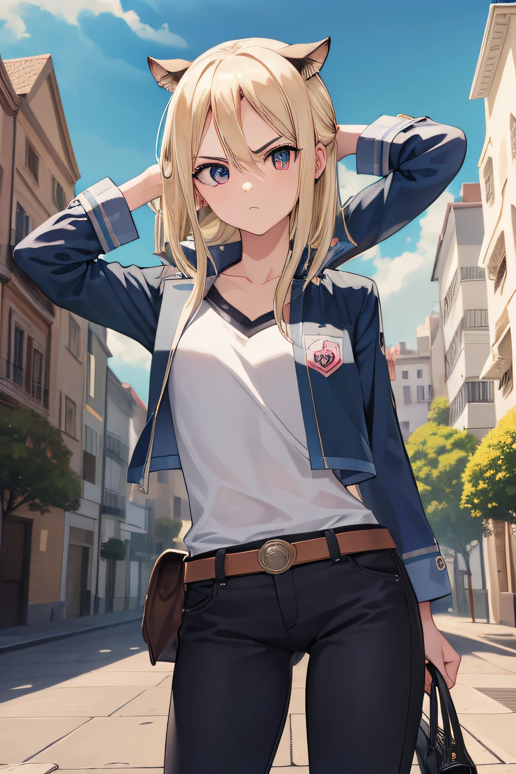 Android18, Androide 18, cabello rubio, ojos azules, lashes, Pendientes de aro, pelo corto, Pendientes, BREAK Belt, Legwear negro, Camisa negra, Bolsillo, escote, 鎖骨, denim, falda vaquera, Falda de cintura alta, jewely, mangas largas, bolsillo, camisa, Camisa metida, falda, rayado, Mangas a rayas, chaleco,, DESCANSO al aire libre, Ciudad, Cielo, nube, sol, DESCANSO mirando al espectador, (Disparo de vaquero:1.5), QUEBRAR (Obra maestra:1.2), La mejor calidad, High resolution, Unidad 8K Fondo de pantalla, (illustration:0.8), (hermosos ojos detallados:1.6), Cara extremadamente detallada, Perfect lighting, CG extremadamente detallado, (Manos perfectas, Perfect anatomy),