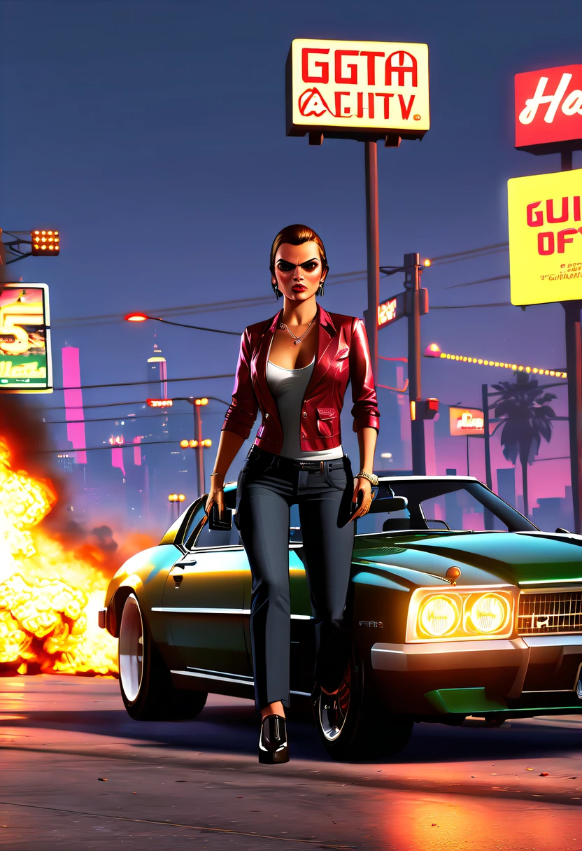 (Best quality,4K,8K,A high resolution,tmasterpiece:1.2), ultra - detailed, (actual,realistically,realisticlying:1.37), (GTA STYLE:1.5) ,A girl escapes an explosion in a car,Burning car,There are gunshots everywhere,City lights are bright at night,Reflection of neon lights on car windshield,traffic chaos, hasty, intense chase scene, Cinematic action, Night streets, high speed pursuit, on the verge of danger, the last Stand, epic showdown, dramatic climax, exciting ending, stunning visuals, Immersive atmosphere, Detailed car model, Realistic game engine, tough environment, Dynamic camera angle, Dynamic lighting effects, Realistic gunshots, dramatic music, intense emotions.( GTA 5 cover art, GTA STYLE: 1.5),
