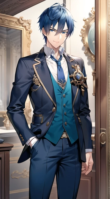 prodigious engineer, adult man, self assured, with a unique charm, short blue hair , piercing blue eyes, charming smile, elegant steampunk clothes, reflecting his arrogant demeanour