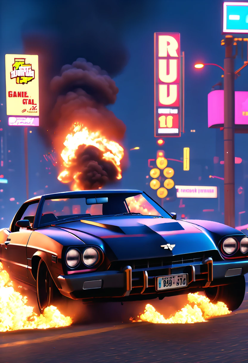(Best quality,4K,8K,A high resolution,tmasterpiece:1.2), ultra - detailed, (actual,realistically,realisticlying:1.37), (GTA STYLE:1.5) ,A girl escapes an explosion in a car,Burning car,There are gunshots everywhere,City lights are bright at night,Reflection of neon lights on car windshield,traffic chaos, hasty, intense chase scene, Cinematic action, Night streets, high speed pursuit, on the verge of danger, the last Stand, epic showdown, dramatic ??????, exciting ending, stunning  visuals, Immersive atmosphere, Detailed car model, Realistic game engine, tough environment, Dynamic camera angle, Dynamic lighting effects, Realistic gunshots, dramatic music, intense emotions.(GTA STYLE: 1.5),