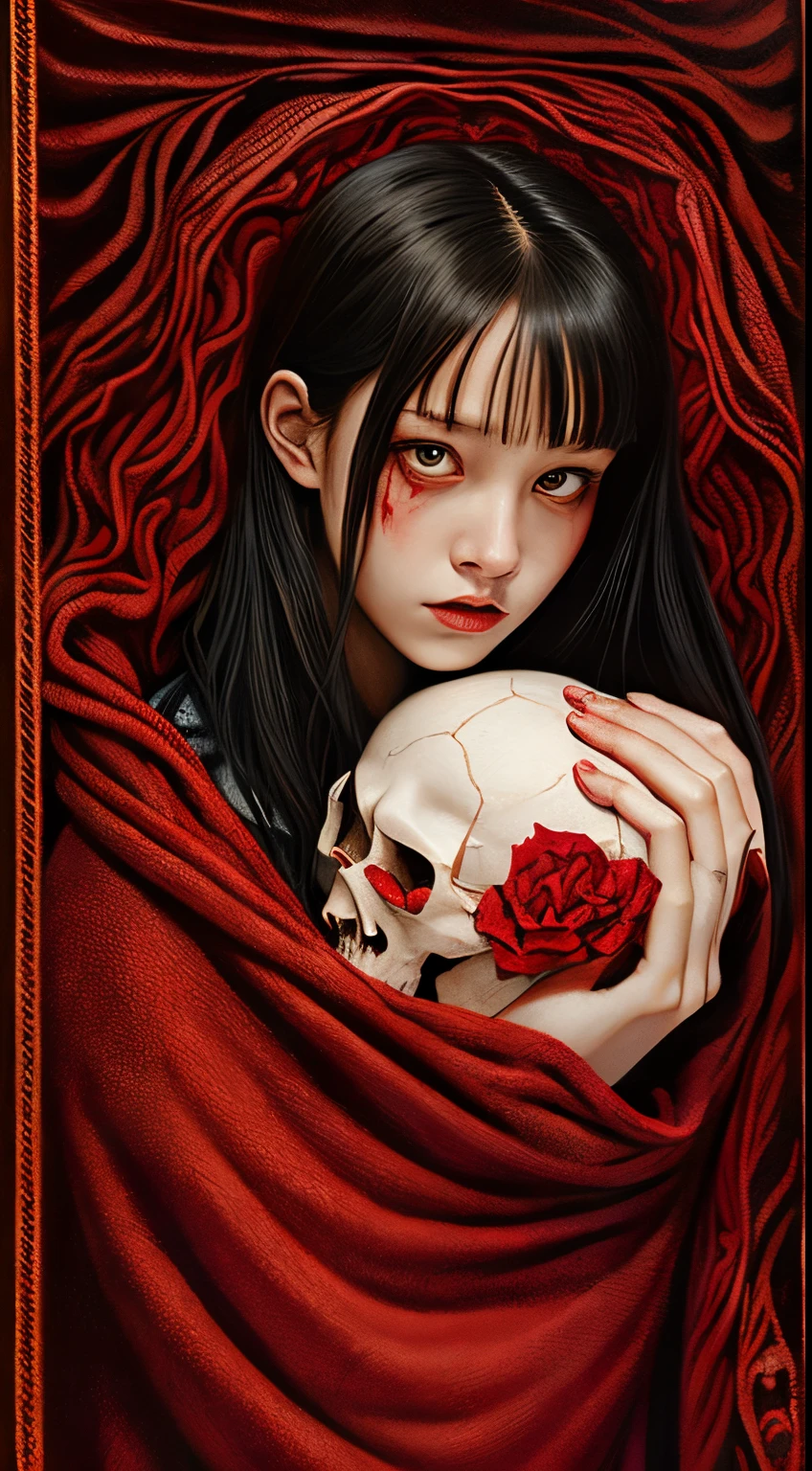 digitial illustration、horror paintings , A young woman cradling a skull surrounded by endless blood red velvet blankets , In the style of Takato Yamamoto