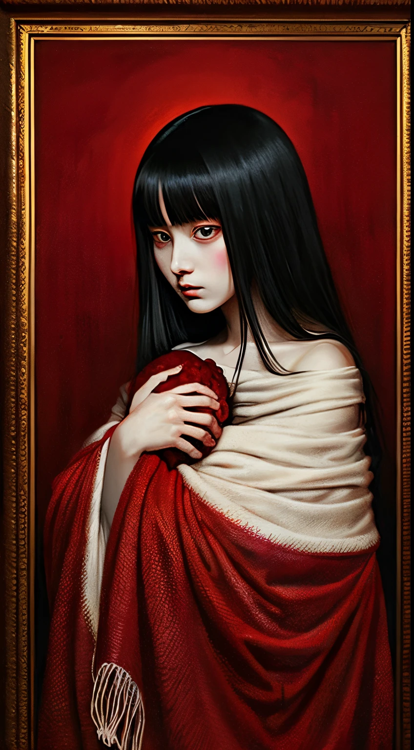 digitial illustration、horror paintings , A young woman cradling a skull surrounded by endless blood red velvet blankets , In the style of Takato Yamamoto