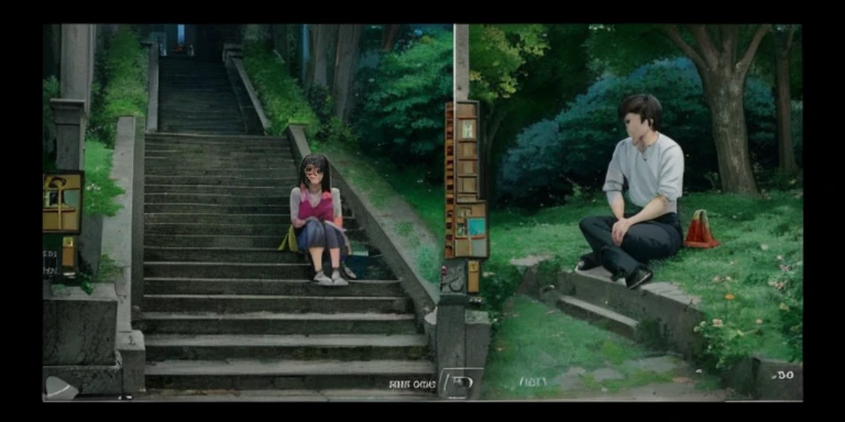 Two people were sitting on the steps of a set of stairs, screenshots from movies, Highlight scenes from the movie, stills from movies, Still in the movie, wide format movie stills, Still from live-action movies, Opening scene, movie frame still, Still in the movie, award winning movie still, screenshots from movies, The movie still very tiring